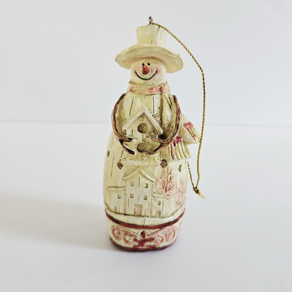 Vintage Carved Resin Whimsical Winter Cheery Snowman Christmas Figurine Ornament